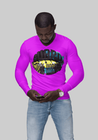 Vibrant purple men’s long sleeve t-shirt featuring 'Guard Dubai Harbor' graphic, ideal for bold and trendy casual outfits.