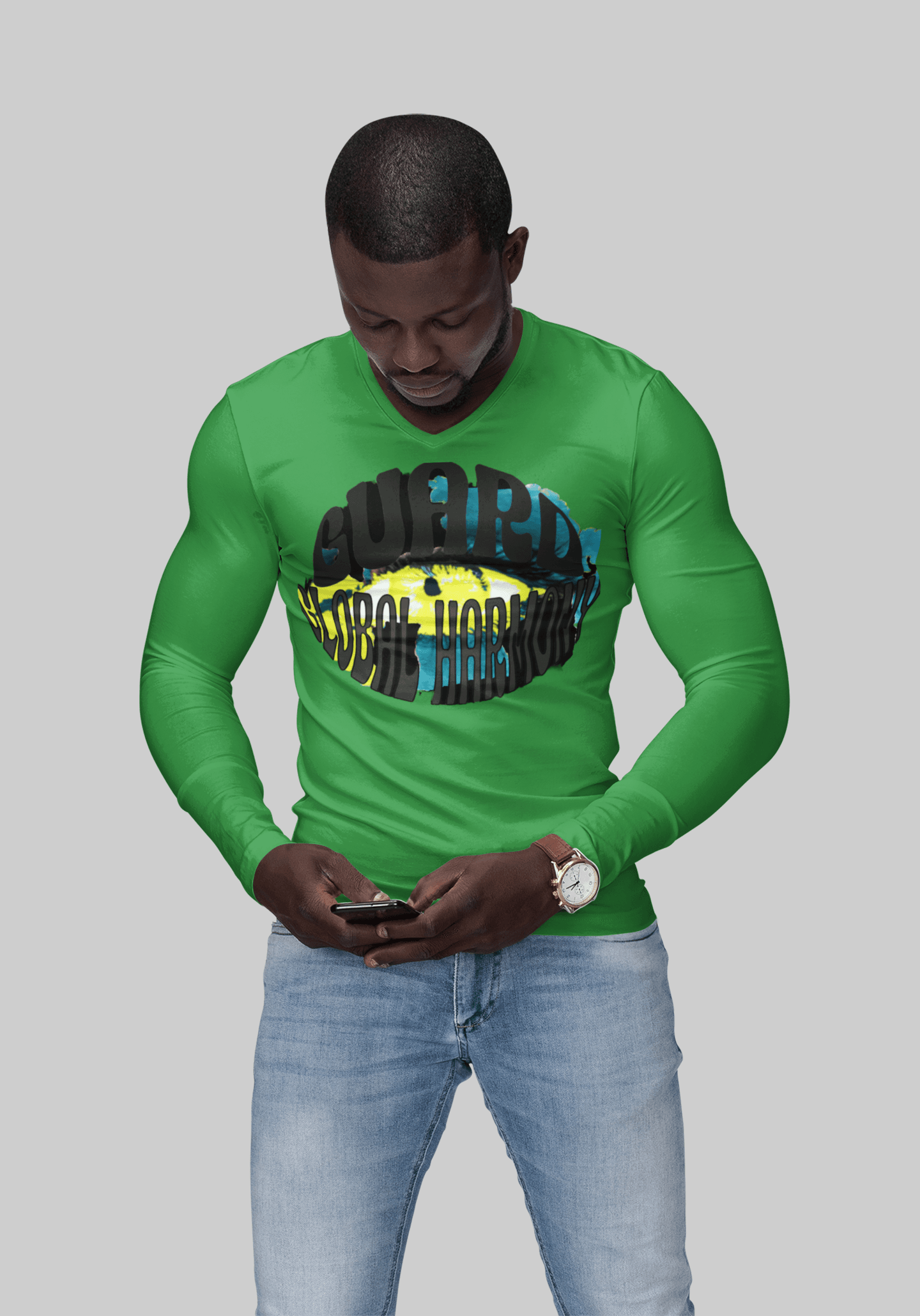 Green men’s long sleeve t-shirt with 'Guard Dubai Harbor' design, perfect for stylish layering and relaxed daily wear.