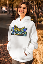 Earth Bound Women Hoodies in white featuring a colorful graphic design, perfect for casual fall wear. Shop now for style and comfort.