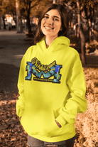 Earth Bound Women Hoodies in neon yellow with bold graphic print, combining comfort and street style for casual outdoor wear.
