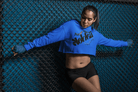 Women's Graphic Hoodie - Bold Style Fierce Spirit in royal blue, cropped fit with bold black print, perfect for activewear and street style.