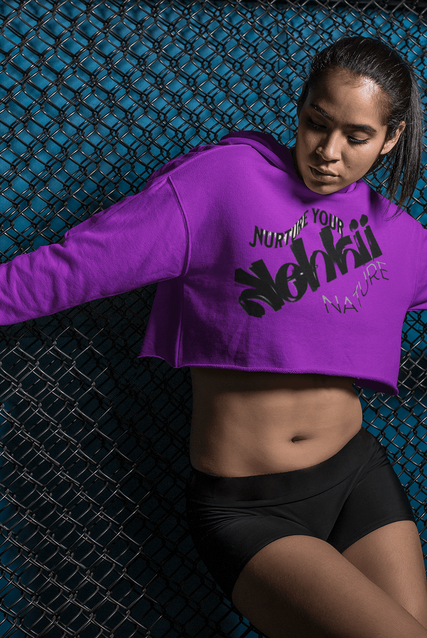 Women's Graphic Hoodie - Bold Style Fierce Spirit in purple, cropped hoodie with graphic print, combining comfort and edgy streetwear appeal.