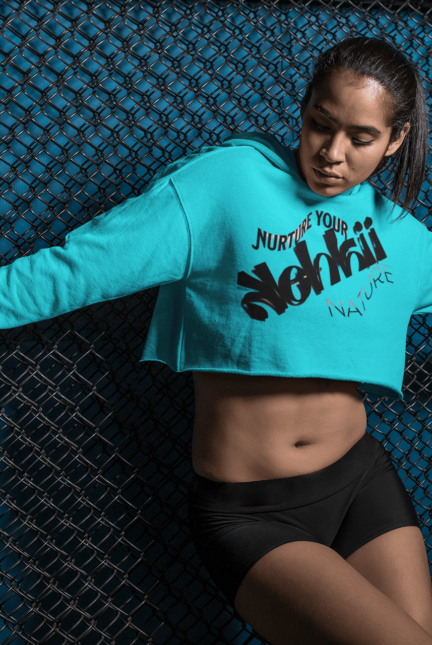Women's Graphic Hoodie - Bold Style Fierce Spirit in teal blue, cropped design with empowering text, ideal for fitness and casual fashion.