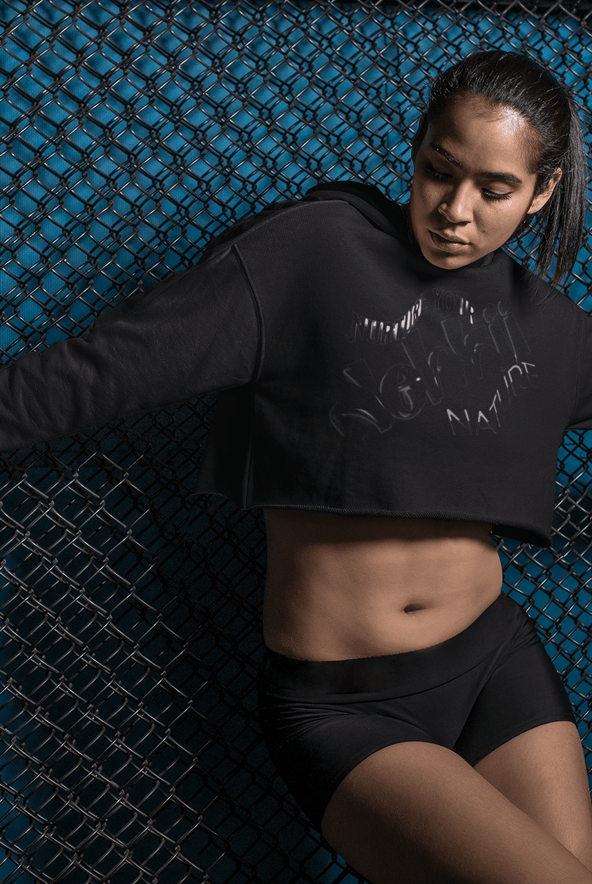 Women's Graphic Hoodie - Bold Style Fierce Spirit in black, cropped hoodie with subtle black-on-black print, sleek and fierce for modern wear.