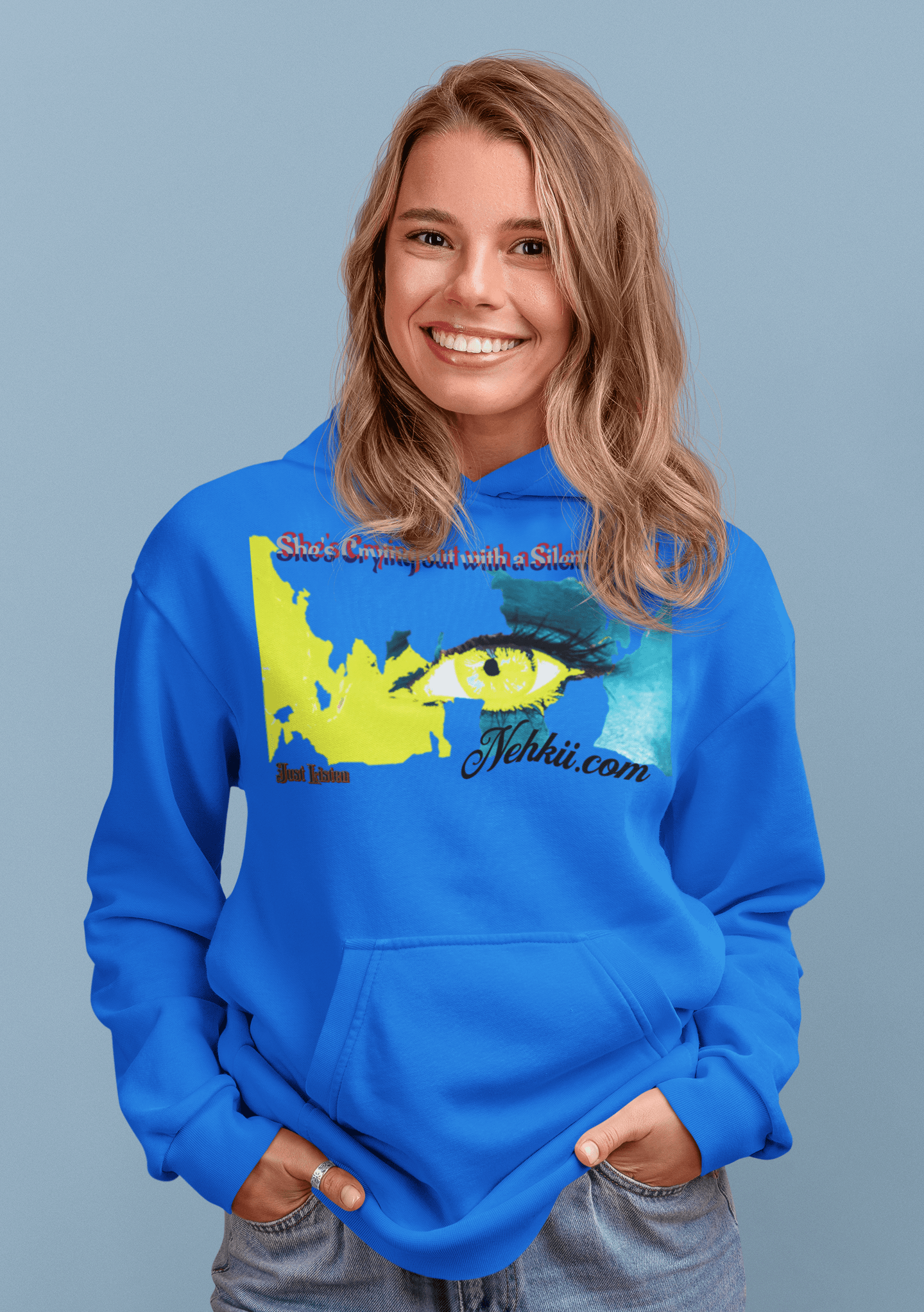 Royal blue Women’s Prove Strong Hoodie with artistic eye design and empowering message. Comfortable and stylish for confident women.