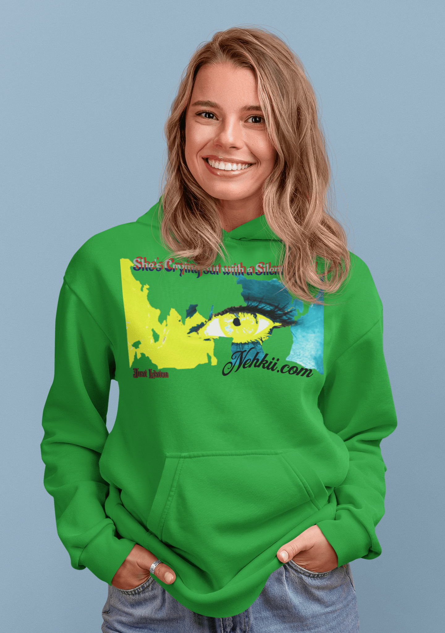 Women’s Prove Strong Hoodie in green with bold eye graphic and 'She's Crying Out with a Silent Voice' text. Stylish comfort for empowered women.
