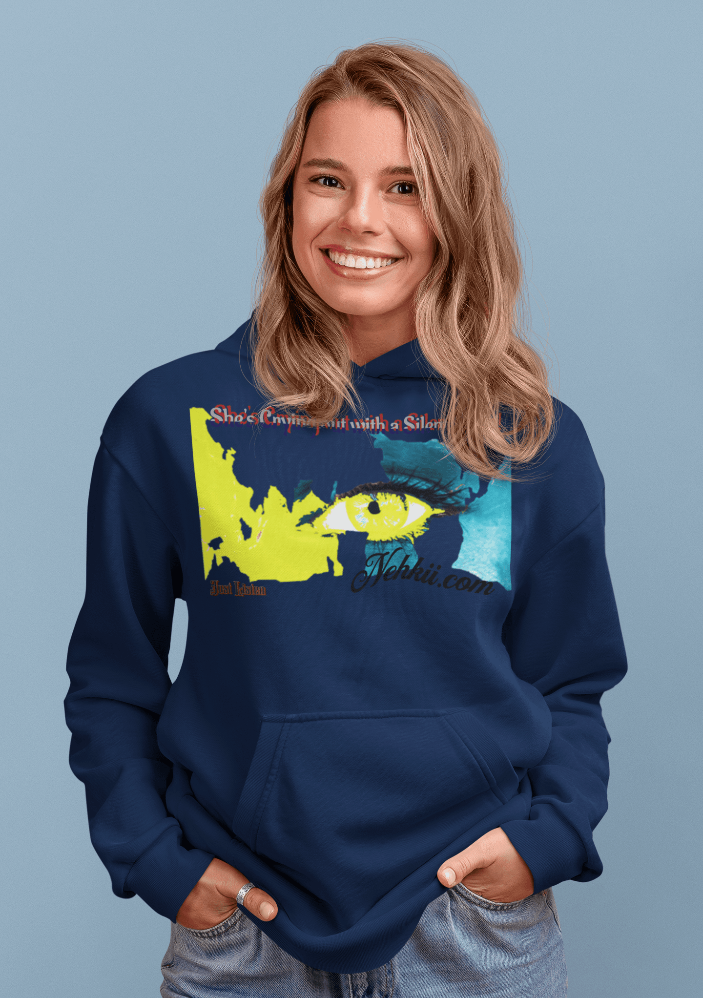 Navy blue Women’s Prove Strong Hoodie showcasing colorful eye artwork and inspiring slogan. Perfect blend of comfort and motivation.