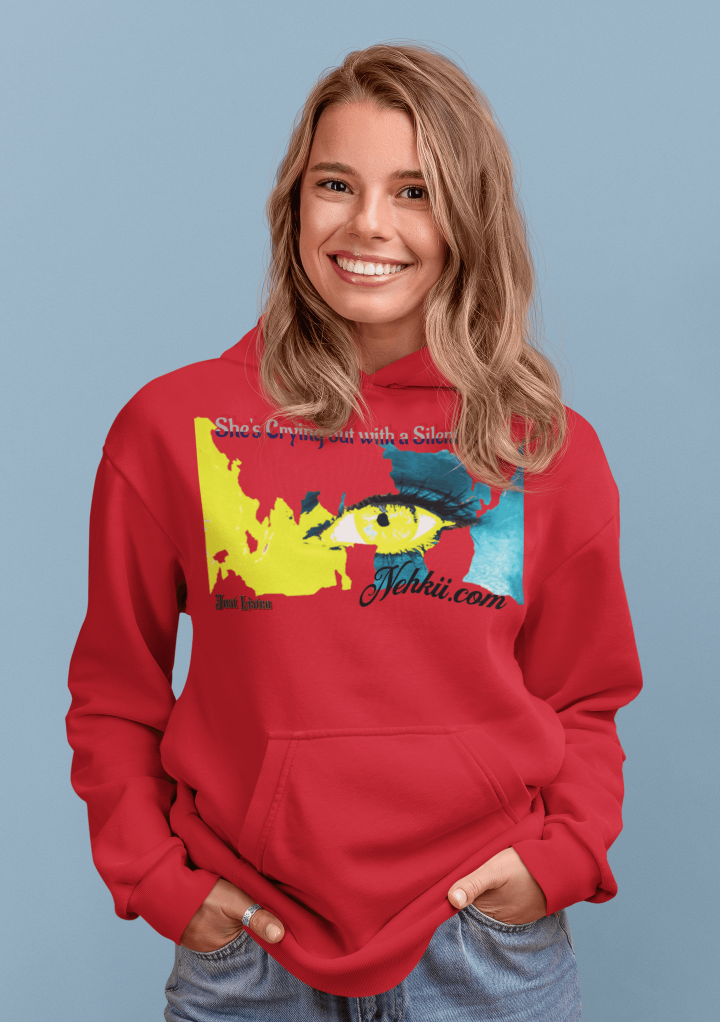 Red Women’s Prove Strong Hoodie featuring striking eye illustration and motivational text. Bold and cozy choice for women’s apparel.