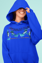 Women's Hoodie Organic Cotton - Stay Cool & Confident in bold blue featuring a colorful eye-themed print and sustainable message for stylish wear.