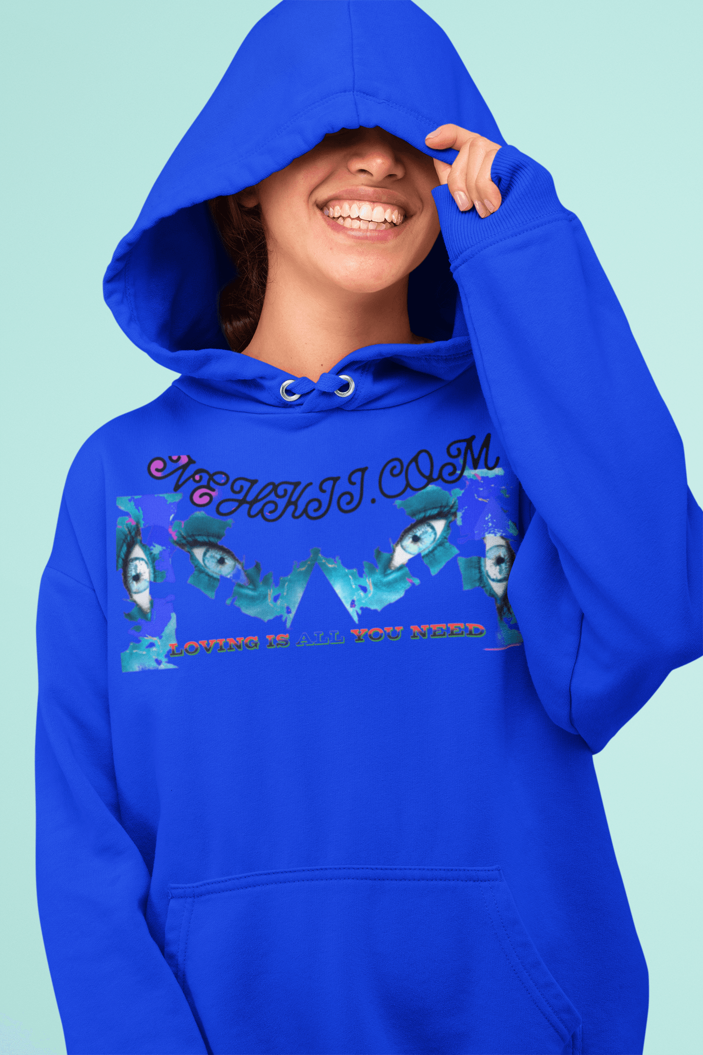 Women's Hoodie Organic Cotton - Stay Cool & Confident in bold blue featuring a colorful eye-themed print and sustainable message for stylish wear.