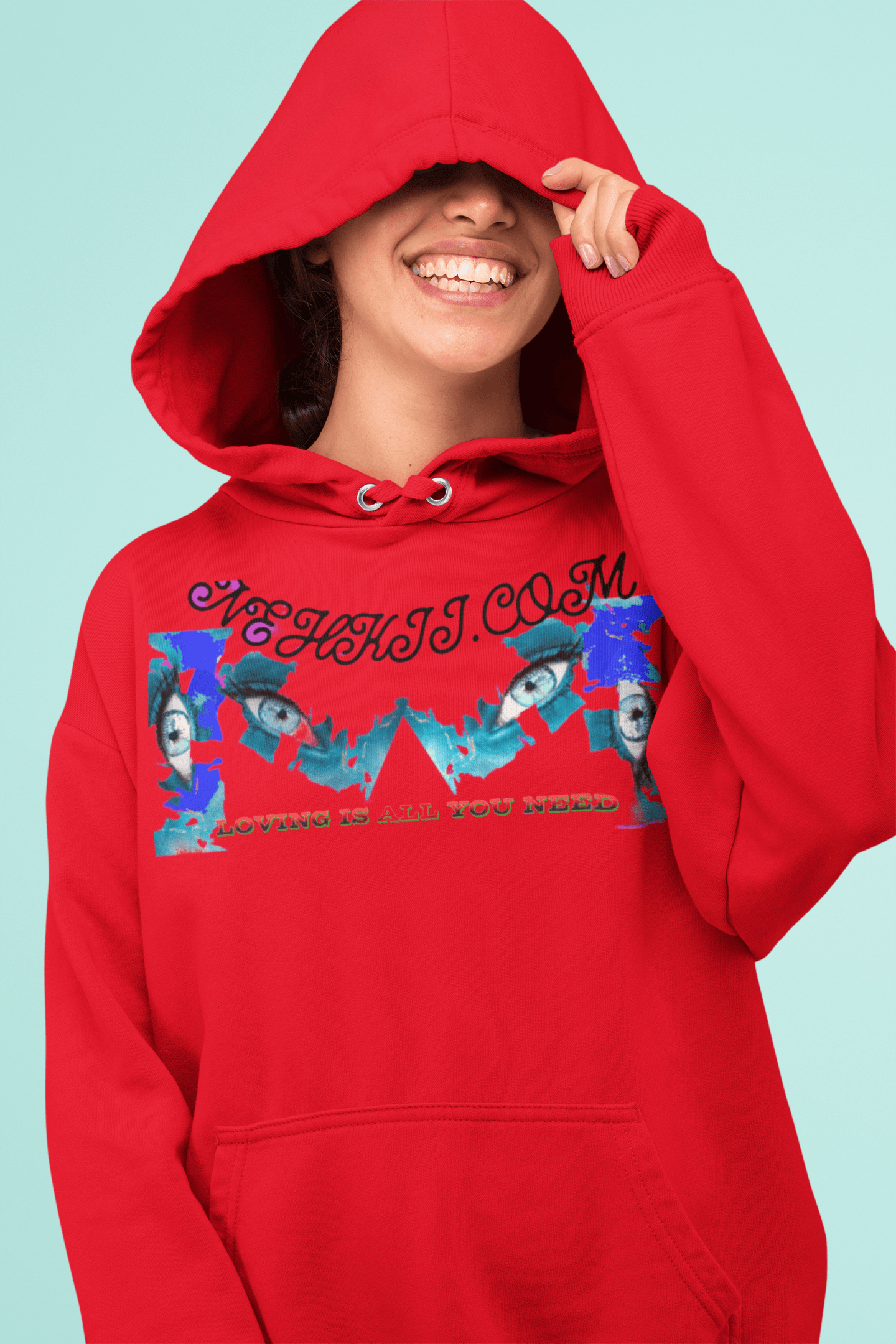Women's Hoodie Organic Cotton - Stay Cool & Confident in vibrant red with artistic graphic and 'Loving is All You Need' slogan, eco-friendly fashion.
