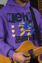 Men's 'Prove Strong' Eco-Friendly Cotton Hoodie in purple featuring bold graphic print and heart icons, ideal for eco-conscious streetwear style.