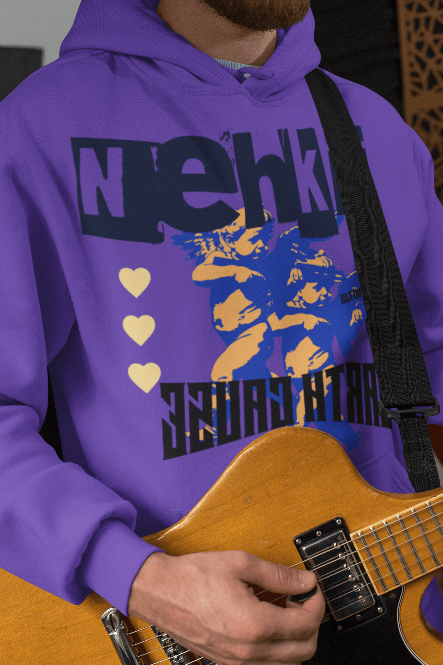 Men's 'Prove Strong' Eco-Friendly Cotton Hoodie in purple featuring bold graphic print and heart icons, ideal for eco-conscious streetwear style.