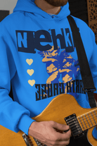 Bright blue men's eco-friendly hoodie with bold graphic and heart details, made from pure cotton for comfort and environmental impact.