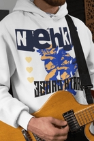 White Eco-Friendly Cotton Hoodie for men with blue and yellow graphic design, crafted from 100% cotton for a soft, sustainable fit.