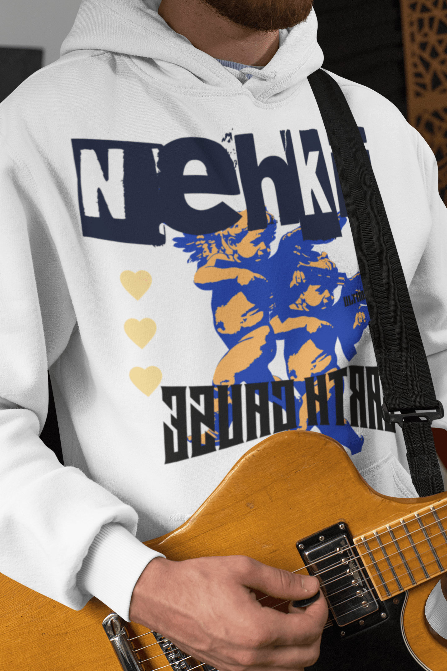 White Eco-Friendly Cotton Hoodie for men with blue and yellow graphic design, crafted from 100% cotton for a soft, sustainable fit.