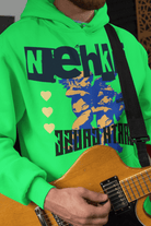 Green eco-friendly cotton hoodie for men with bold blue graphic and heart accents, combining comfort with a strong environmental message.