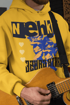 Eco-Friendly Cotton Hoodie - Men's Hoodie in yellow with bold blue graphic and heart accents, made from 100% pure cotton for sustainable fashion.