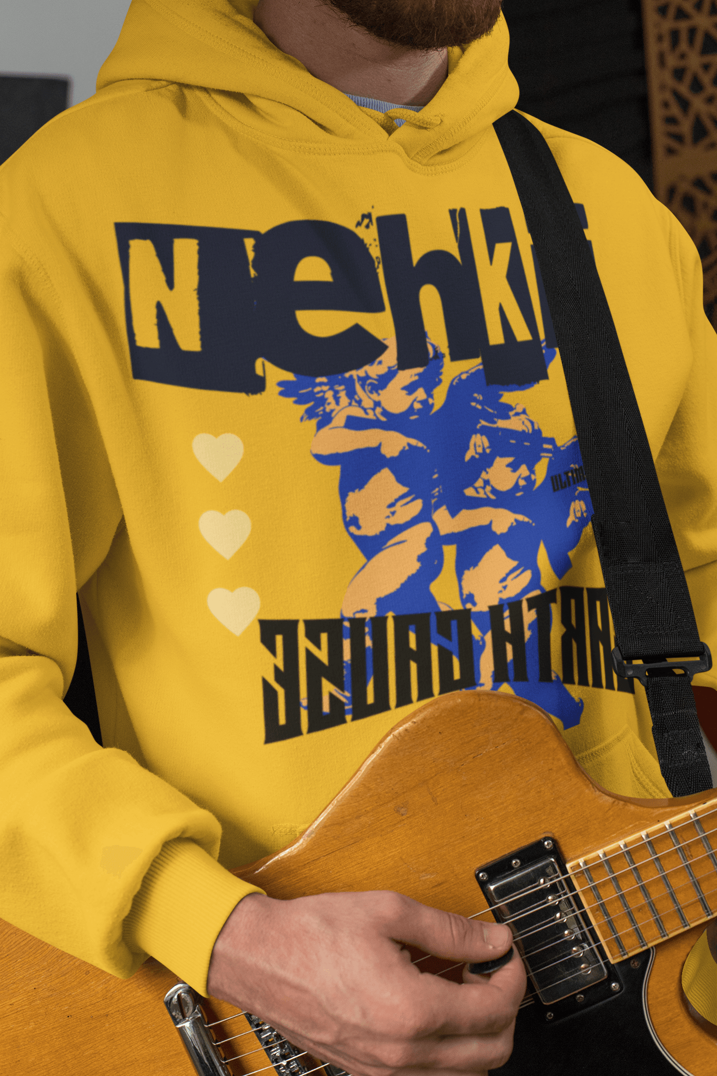 Eco-Friendly Cotton Hoodie - Men's Hoodie in yellow with bold blue graphic and heart accents, made from 100% pure cotton for sustainable fashion.