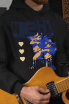Black eco-friendly cotton hoodie for men with striking blue and yellow graphic, designed for bold expression and sustainable fashion choices.