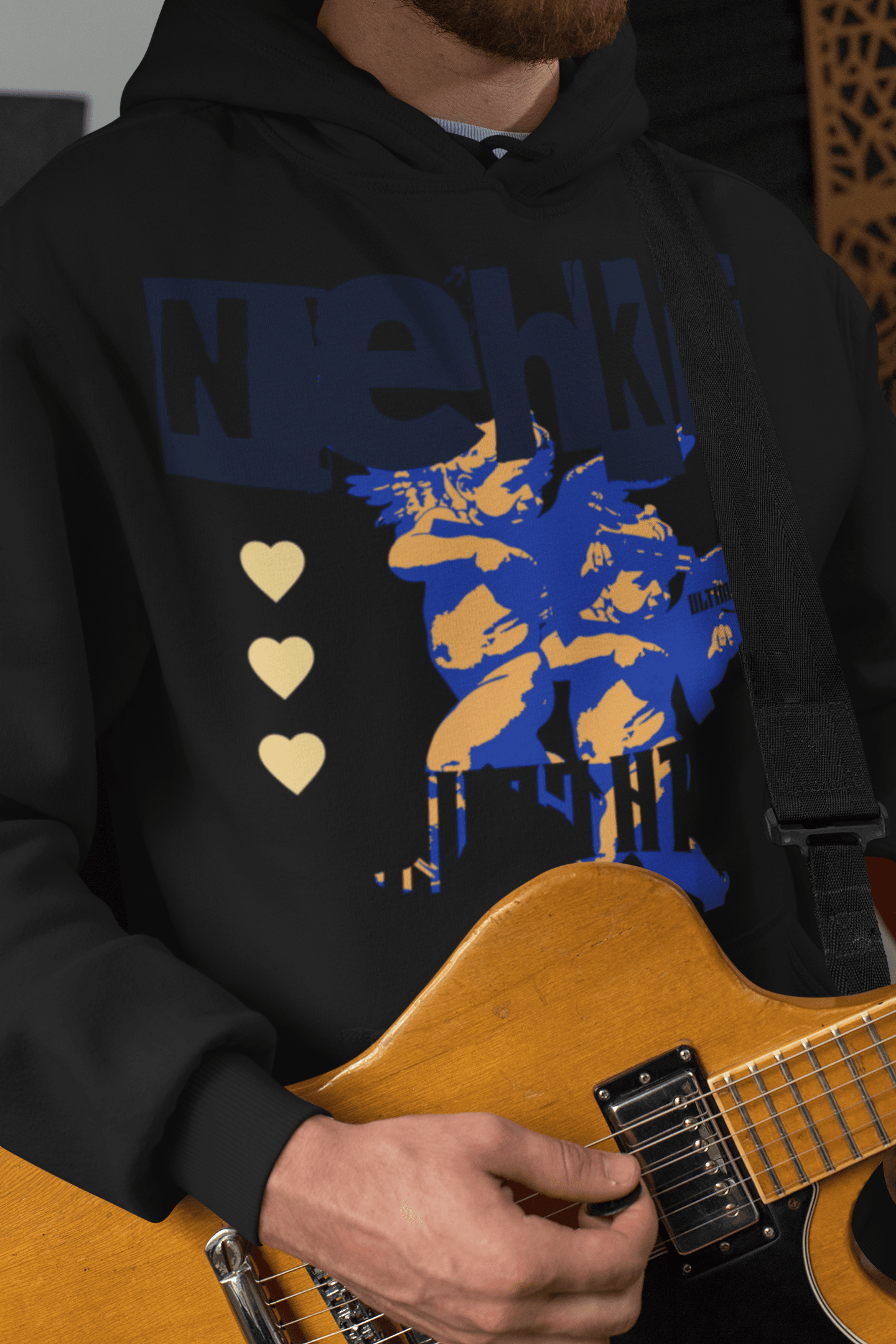 Black eco-friendly cotton hoodie for men with striking blue and yellow graphic, designed for bold expression and sustainable fashion choices.