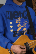 Royal blue men's hoodie crafted from 100% eco-friendly cotton, showcasing a bold graphic and heart motif for a stylish, sustainable look.