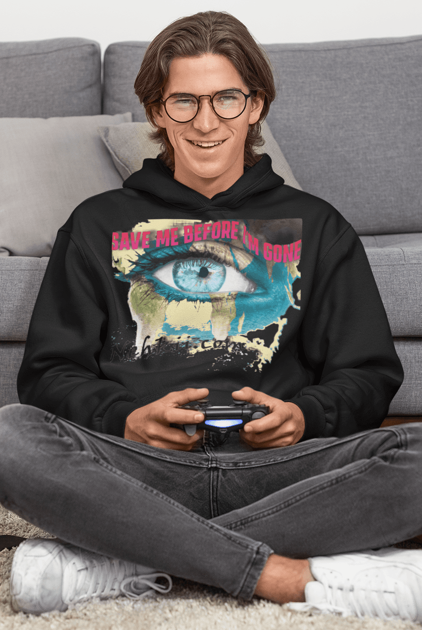 Black Awakening Hoodie for Men with vivid eye artwork and spiritual slogan. Eco-conscious hoodie made from 100% pure cotton.