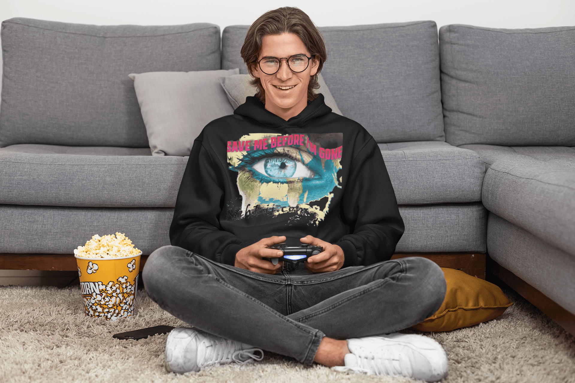 Black Awakening Hoodie for Men with vivid eye artwork and spiritual slogan. Eco-conscious hoodie made from 100% pure cotton.