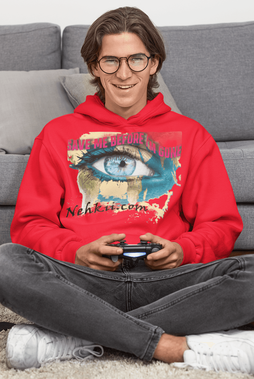 Red Awakening Hoodie for Men with artistic eye print and eco message. Crafted from 100% cotton for planet-friendly comfort and style.