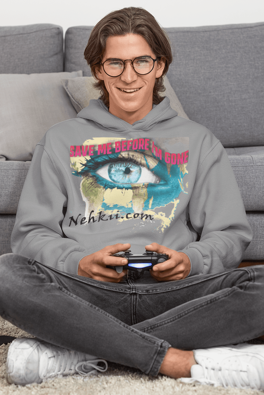 Gray Awakening Hoodie for Men with colorful eye print and spiritual text. Made from 100% pure cotton for sustainable fashion appeal.