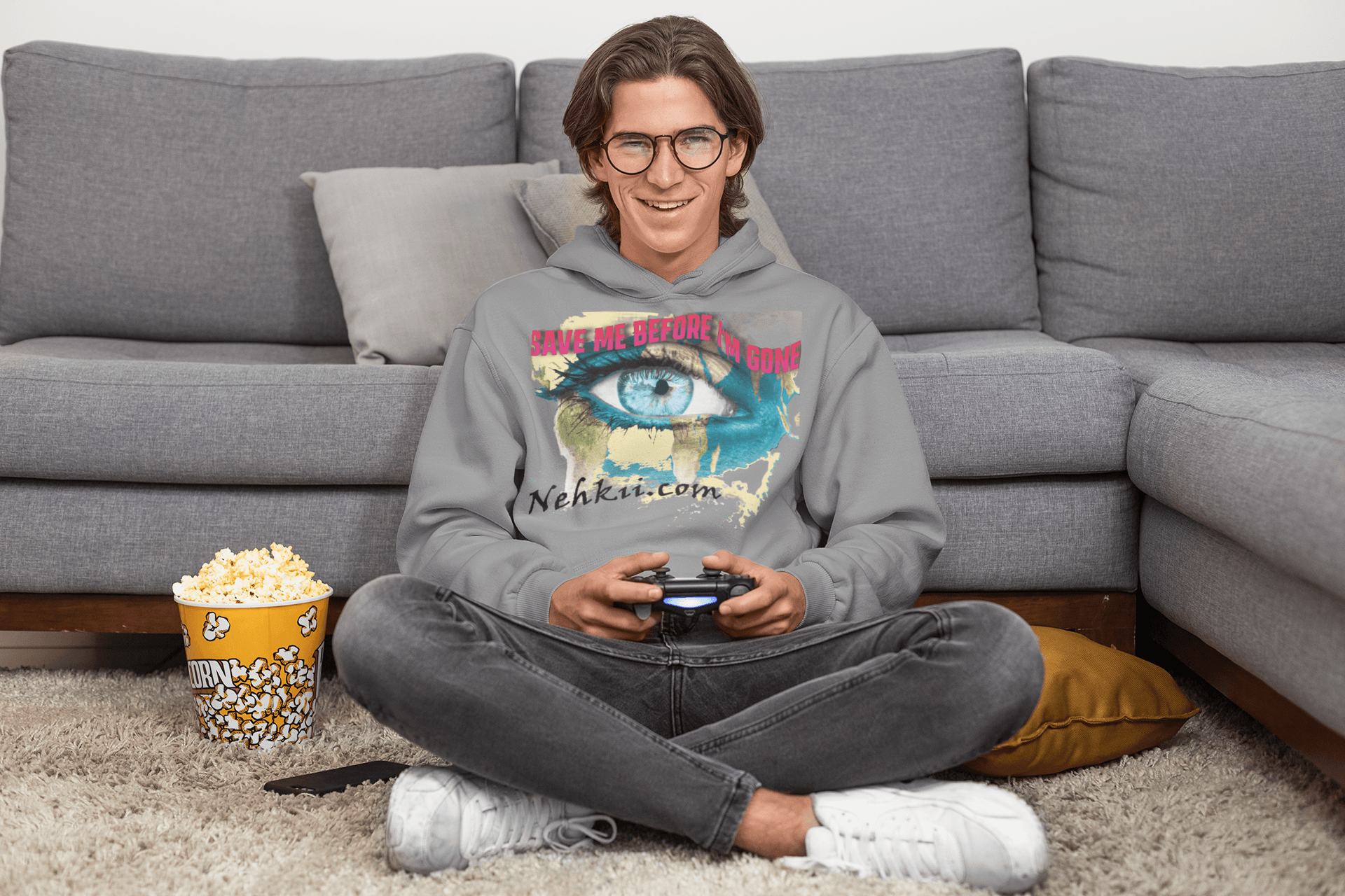 Gray Awakening Hoodie for Men with colorful eye print and spiritual text. Made from 100% pure cotton for sustainable fashion appeal.