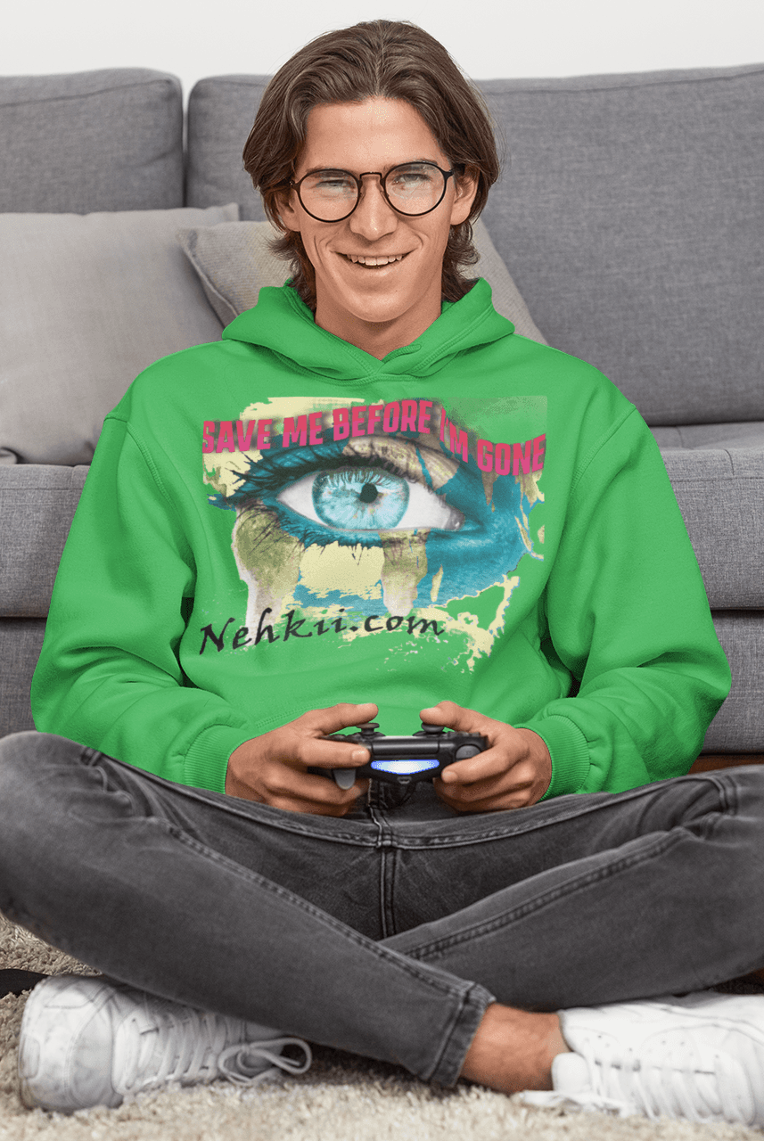 Green Awakening Hoodie for Men featuring eye graphic and eco message. 100% cotton hoodie blending spiritual growth with planet care.