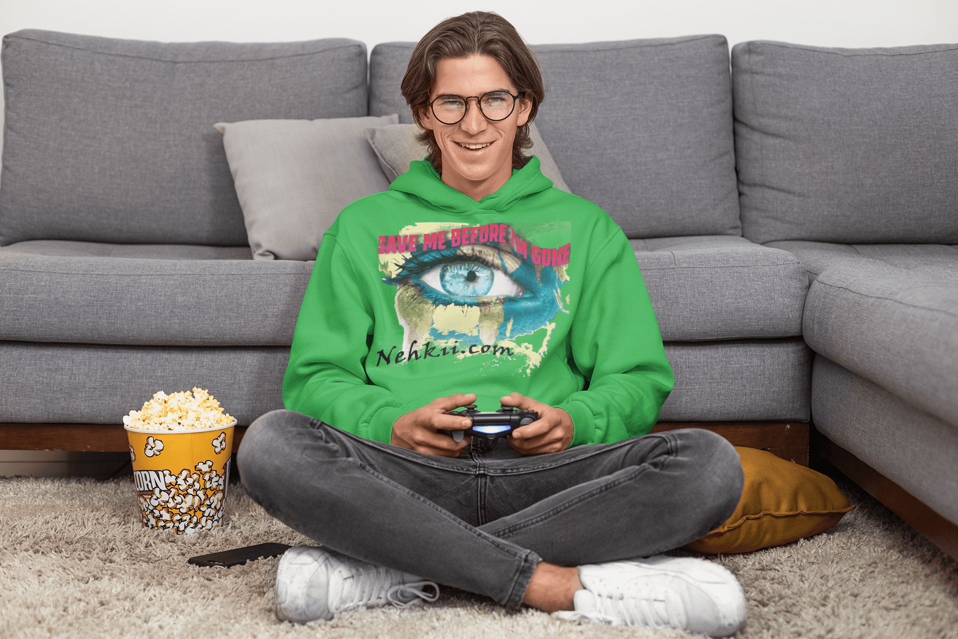 Green Awakening Hoodie for Men featuring eye graphic and eco message. 100% cotton hoodie blending spiritual growth with planet care.