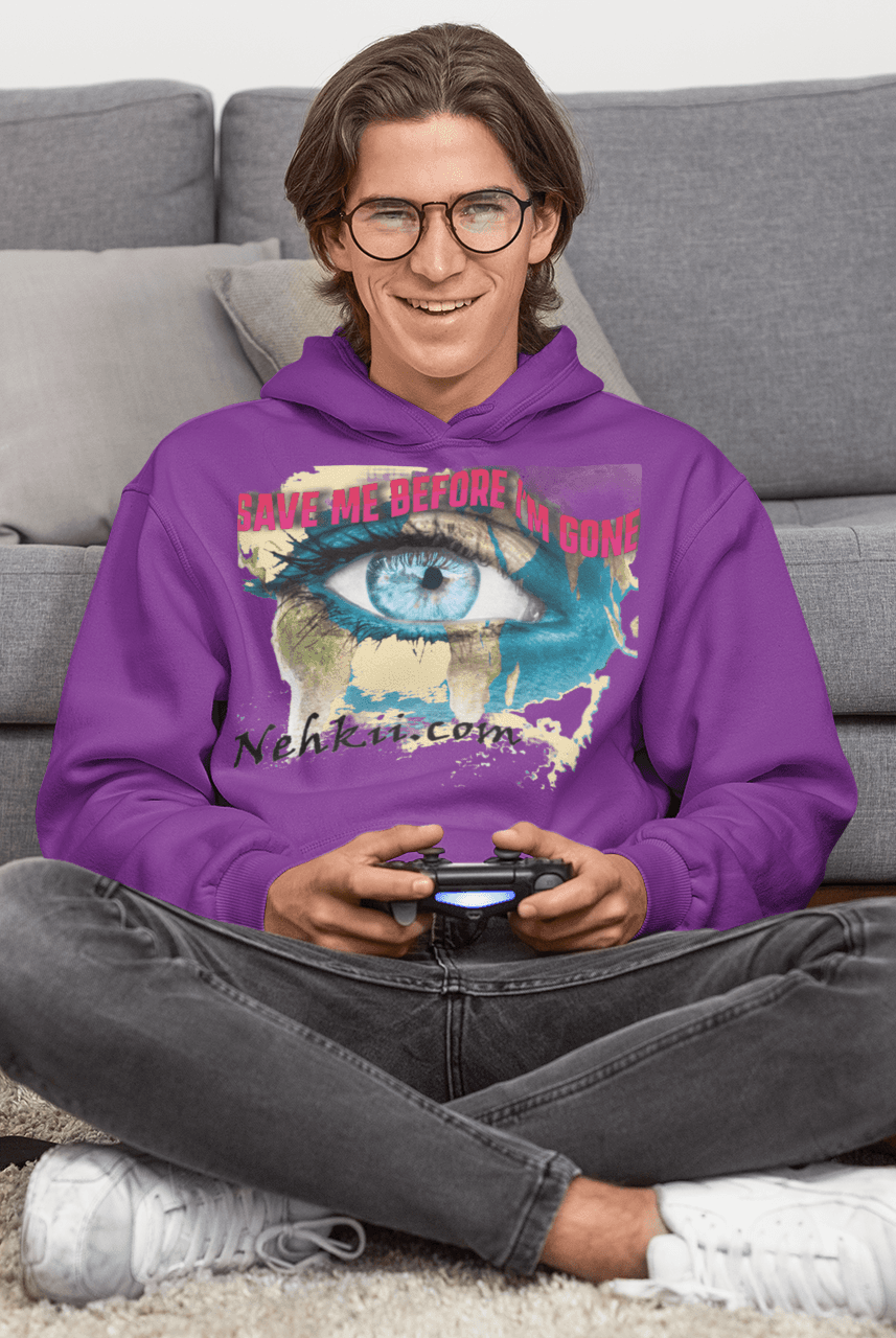 Purple Awakening Hoodie for Men with vibrant eye design and mindful slogan. Eco-friendly 100% cotton hoodie for spiritual expression.