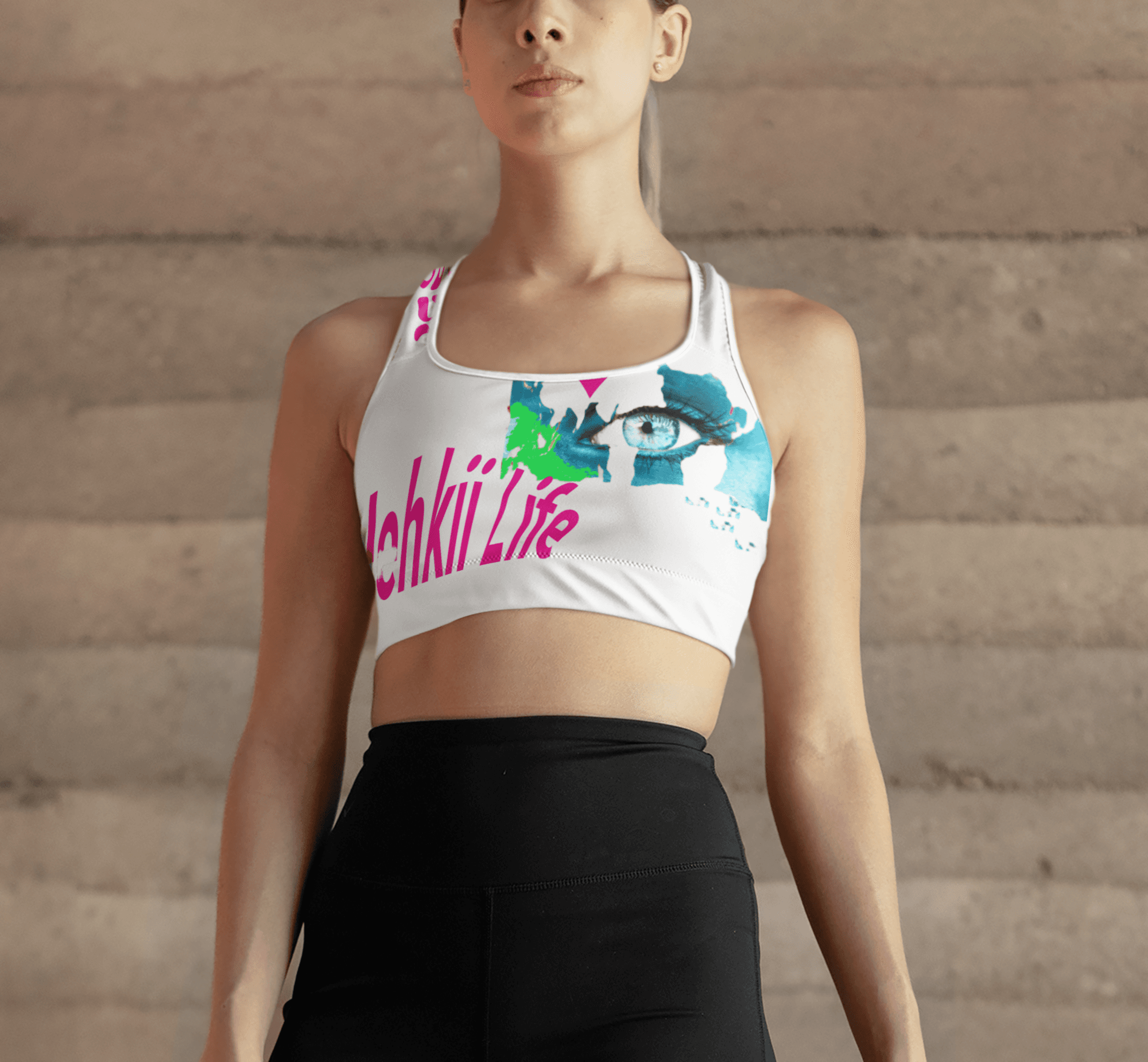 White Planet Heart Tank Top featuring bold pink 'Lchkü Life' text and abstract Earth-themed artwork. Eco-friendly cotton for summer wear.