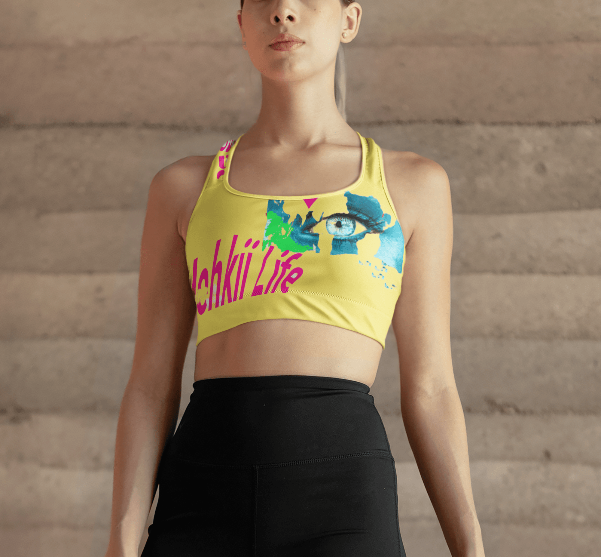 Yellow Planet Heart Tank Top with vibrant Earth-inspired graphics and 'Lchkü Life' slogan. Sustainable cotton top for eco-conscious fashion.