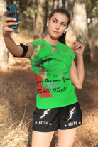 Green Eco-friendly Women's T-shirt with vibrant Earth face print, lightweight and flattering for eco-conscious fashion.