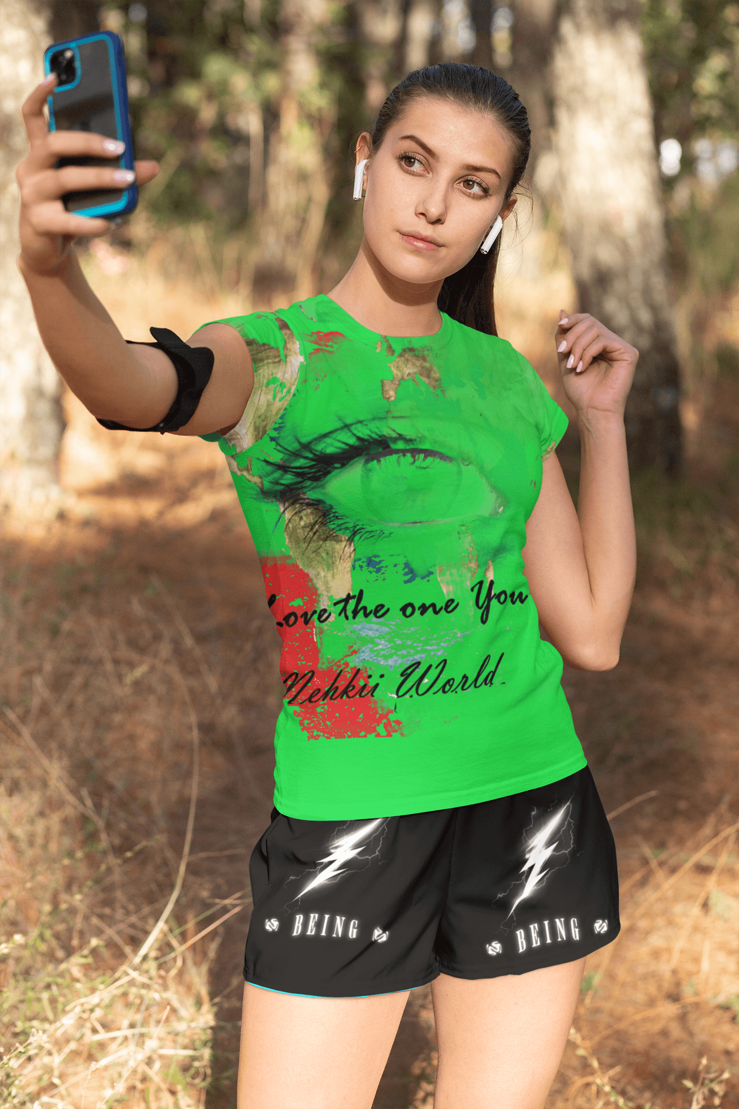 Green Eco-friendly Women's T-shirt with vibrant Earth face print, lightweight and flattering for eco-conscious fashion.