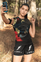 Black Eco-friendly Women's T-shirt with striking Earth face graphic, breathable and flattering for everyday wear.
