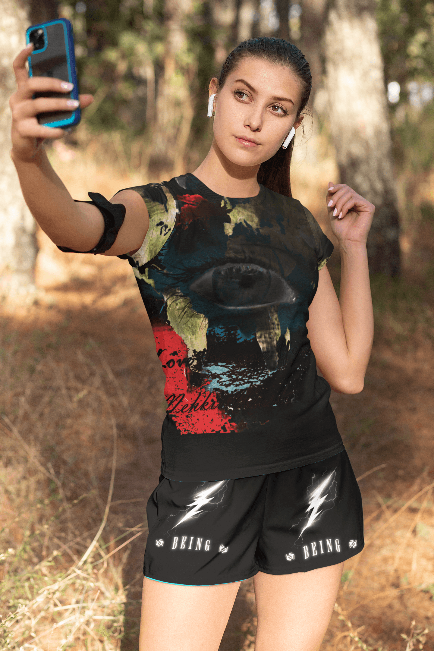 Black Eco-friendly Women's T-shirt with striking Earth face graphic, breathable and flattering for everyday wear.