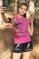 Eco-friendly Women's T-shirt in pink with artistic Earth face print, lightweight and breathable for outdoor wear.