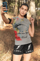 Gray Eco-friendly Women's T-shirt with detailed Earth face print, ideal for sustainable and stylish casual looks.