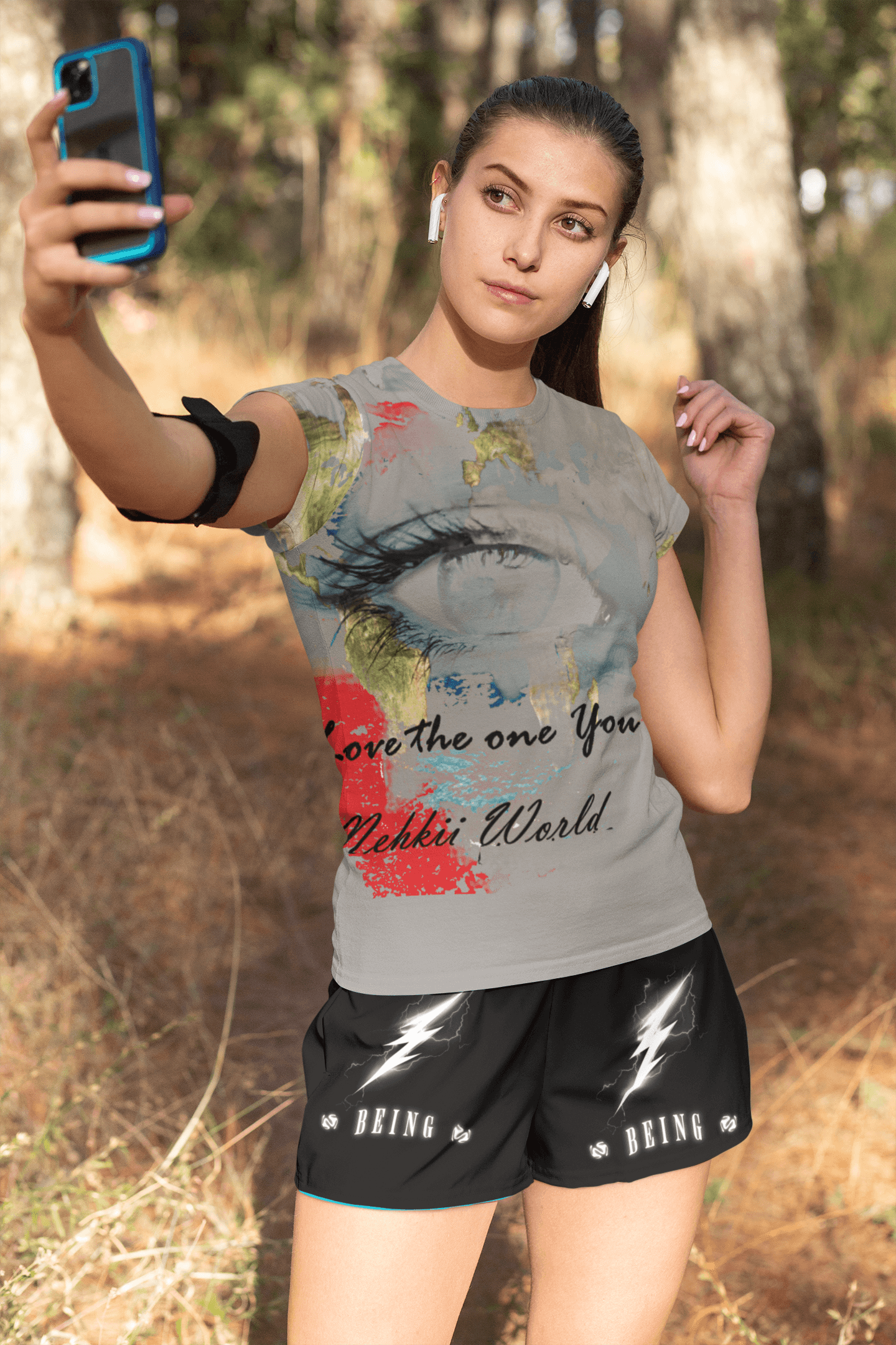 Gray Eco-friendly Women's T-shirt with detailed Earth face print, ideal for sustainable and stylish casual looks.