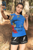 Blue Eco-friendly Women's T-shirt featuring abstract Earth face design, flattering fit ideal for casual summer outfits.