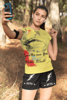 Yellow Eco-friendly Women's T-shirt with colorful Earth-inspired face graphic, perfect for warm weather style.