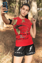 Red Eco-friendly Women's T-shirt with bold Earth face artwork, lightweight and perfect for sunny outdoor activities.