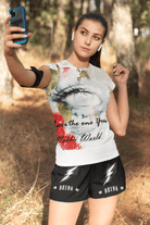 White Eco-friendly Women's T-shirt featuring colorful Earth face design, breathable cotton for a flattering summer fit.