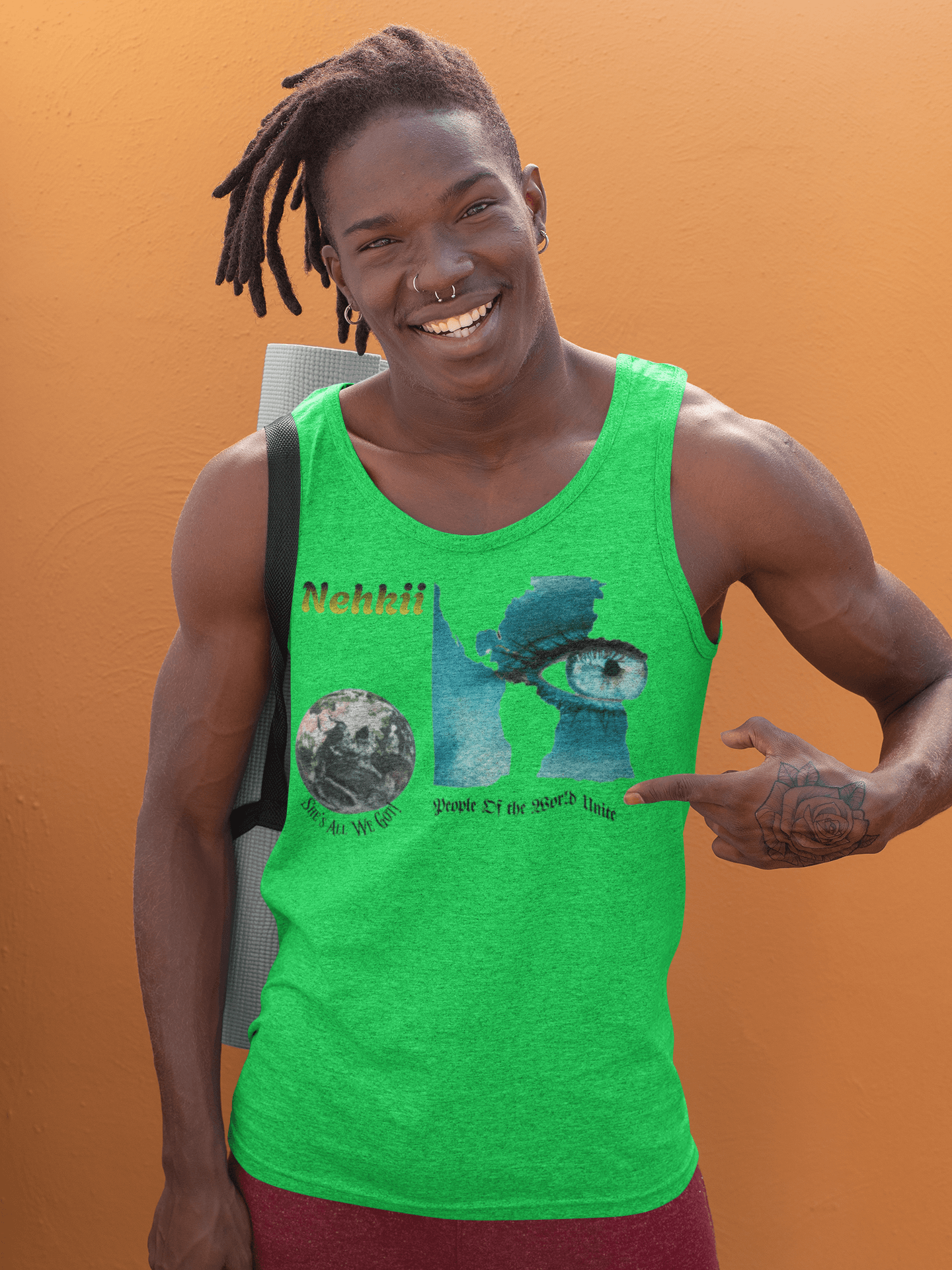Earth Soul Tank Top - Eco-friendly Men's Tank in bright green with artistic Earth and eye graphic, made from 100% cotton for summer wear.