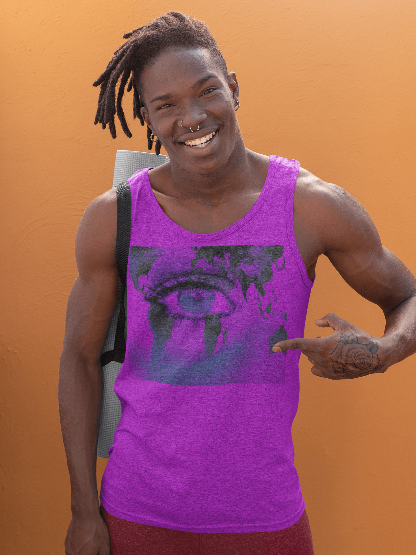 Purple Earth Soul Tank Top for men with bold eye and Earth graphic, eco-friendly design made from breathable cotton for summer wear.