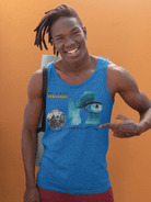 Eco-friendly Earth Soul Tank Top for men in royal blue, featuring artistic Earth and eye design, perfect for breathable summer fashion.